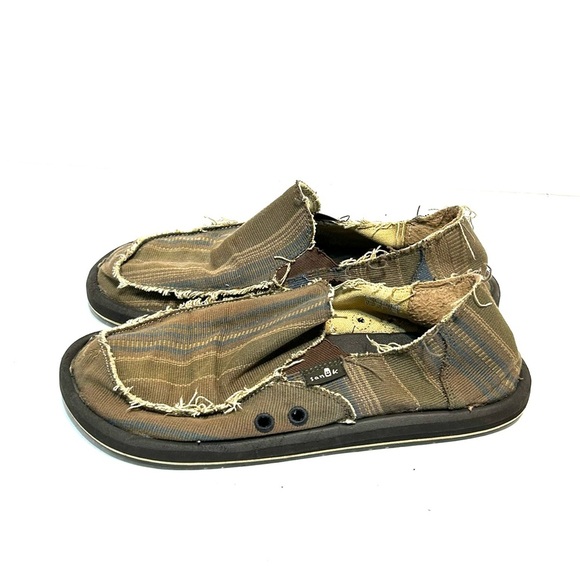 Sanuk Donny Dark Brown Vintage Denim Stripe Sidewalk Surfer Mens Size 9 - Picture 3 of 12